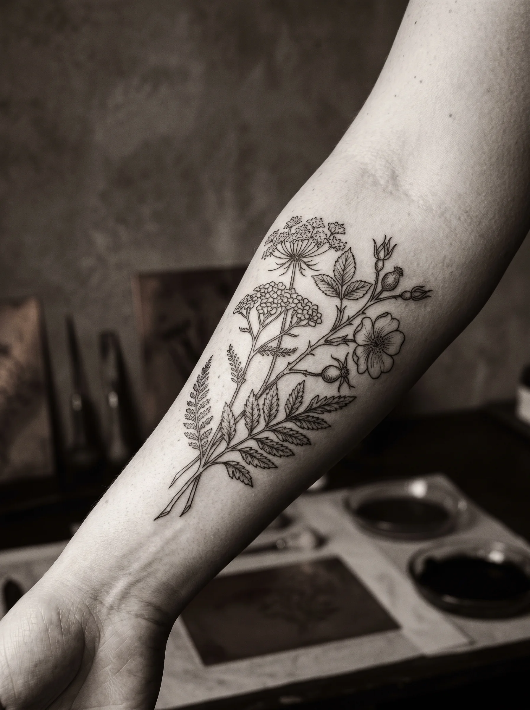 Healed single-needle botanical tattoo of fine flower stems on an inner forearm, photographed in natural light against bare plaster