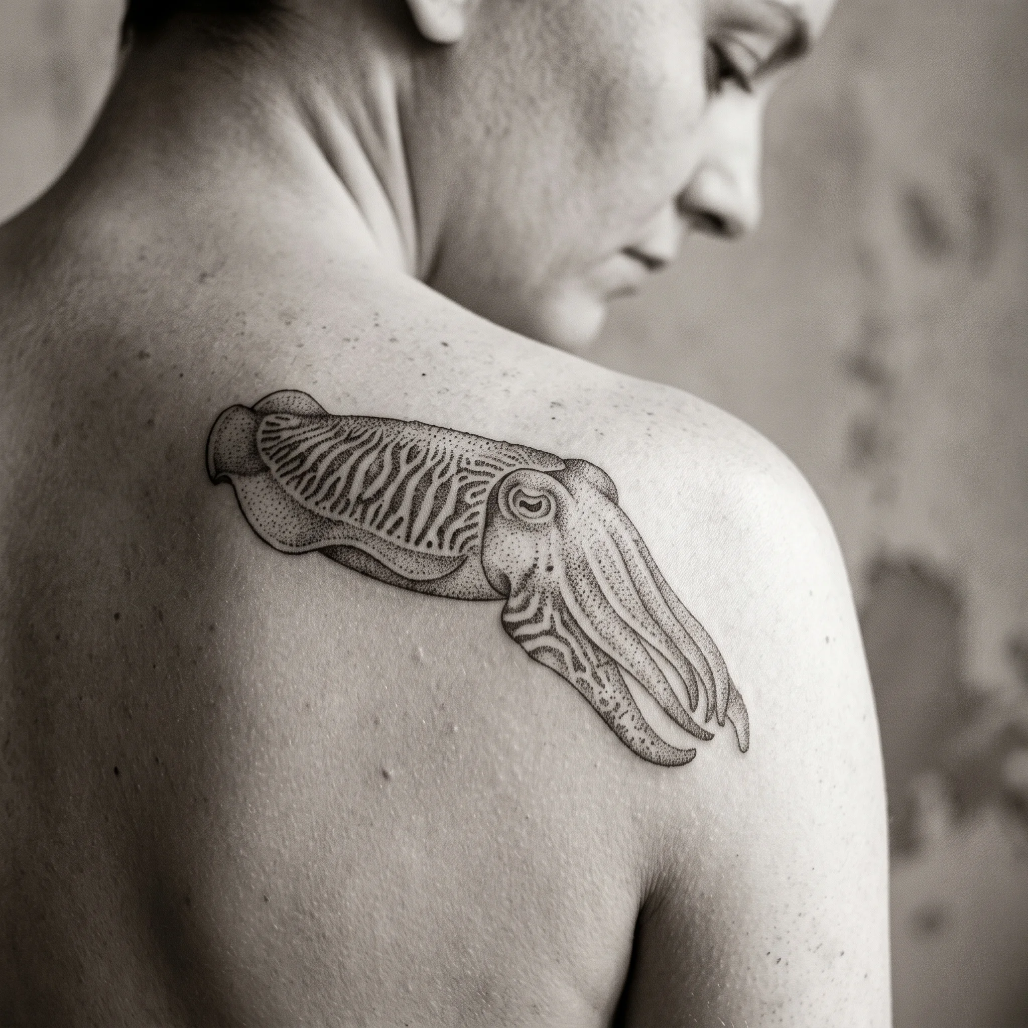 Healed dotwork tattoo of a cuttlefish formed from fine stippled dots on a shoulder blade in soft window light