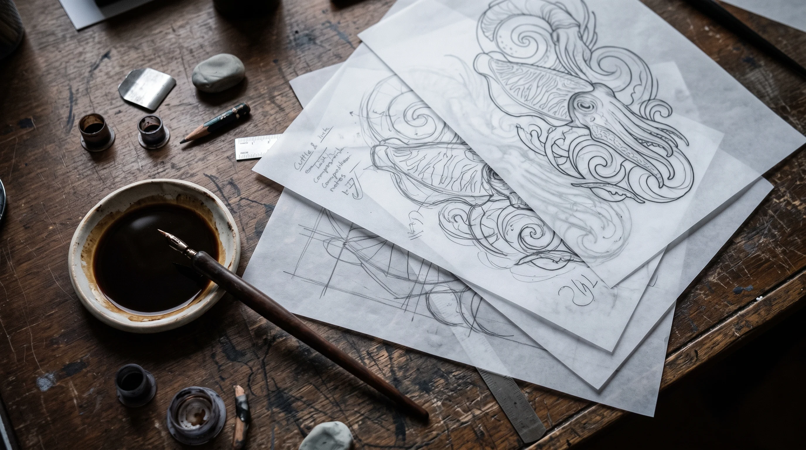 Overhead view of a drawing desk with four tracing-paper stages of one tattoo design laid in sequence beside a shallow dish of umber ink