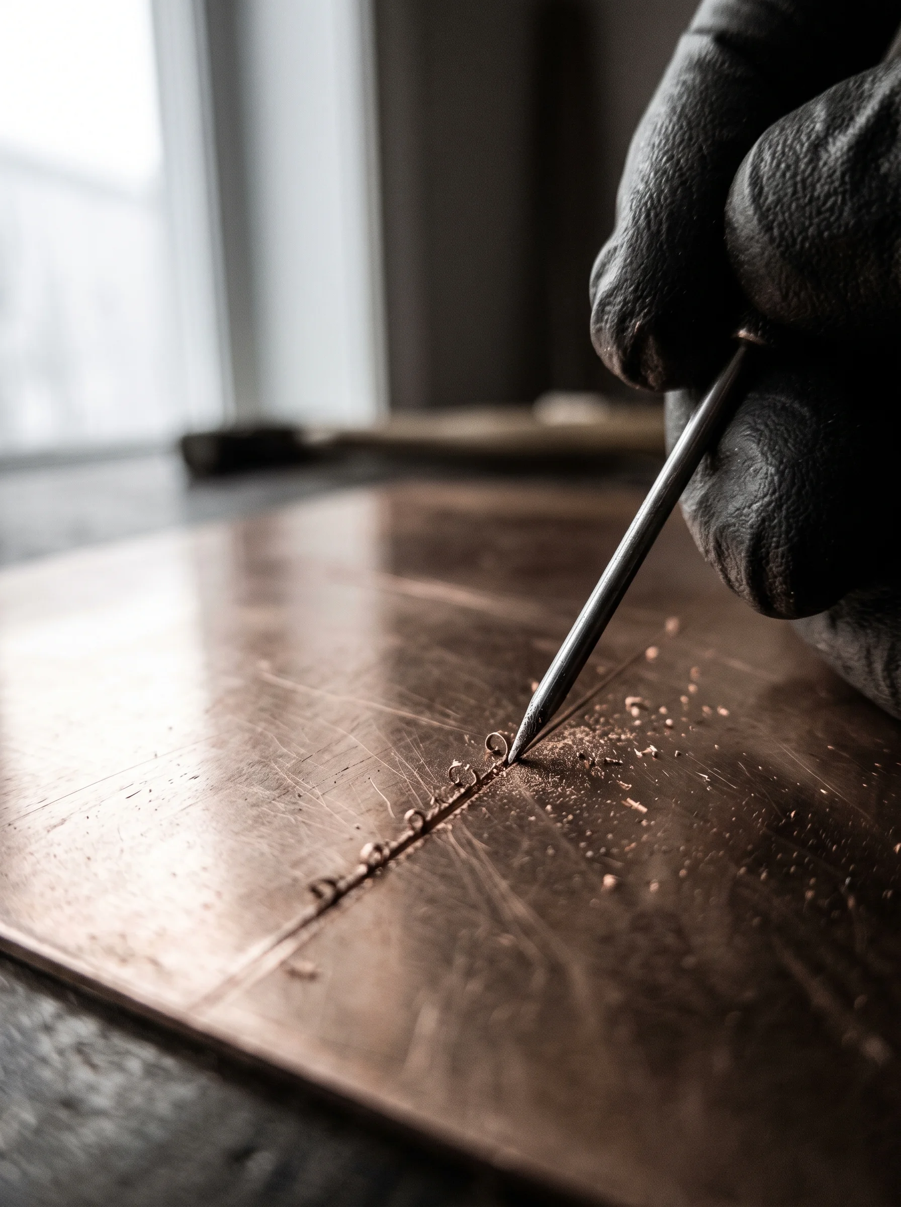 Macro of a drypoint needle incising a hairline groove into a copper printmaking plate