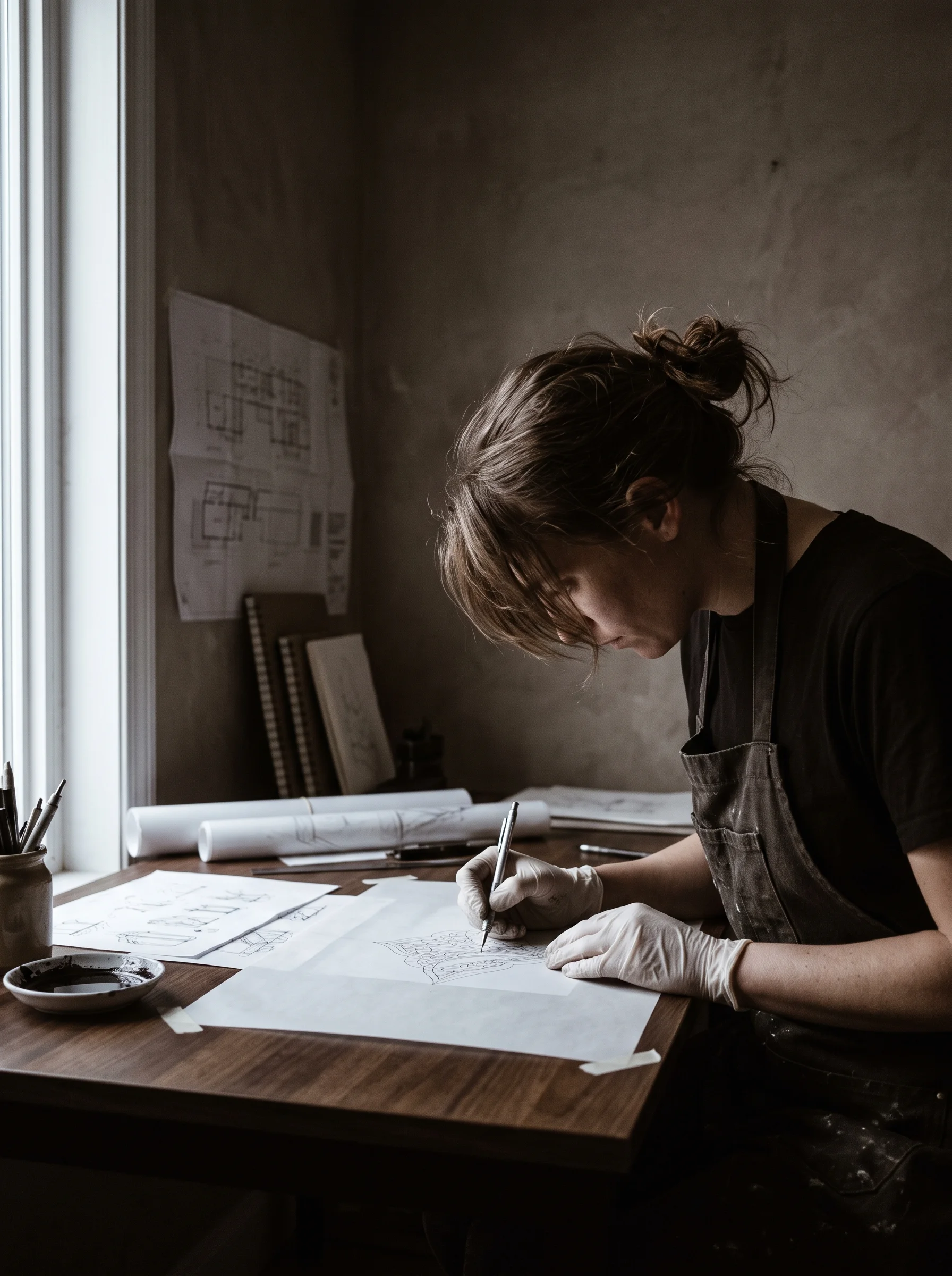 Tattoo artist bent over a drawing desk, working on tracing-paper botanical studies with a fine liner, tall window of grey sea light behind