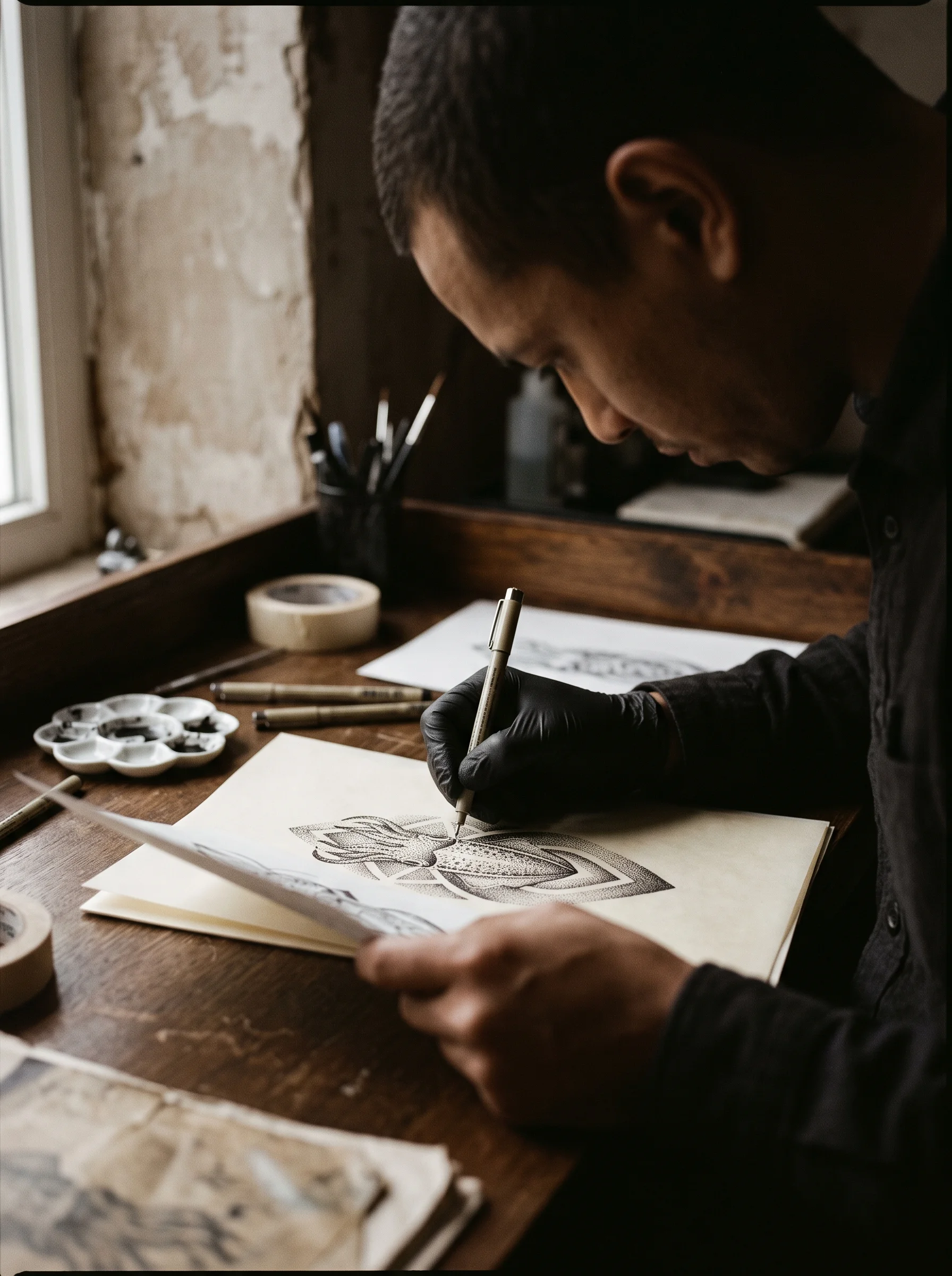 Second artist stippling a dotwork study in sepia ink at a desk, head bent in concentration beside shallow dishes of ink